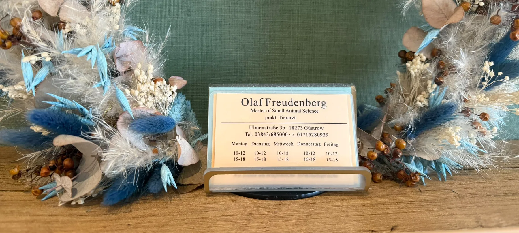 Visitenkarte der Tierarztpraxis Olaf Freudenberg, Master of Small Animal Science, Ulmenstraße 3b, 18273 Güstrow – Sprechzeiten Montag bis Freitag 10–12 und 15–18 Uhr